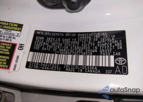 2016 Toyota Corolla S Plus z USA, uszkodzony, nr VIN 2T1BURHE7GC738038